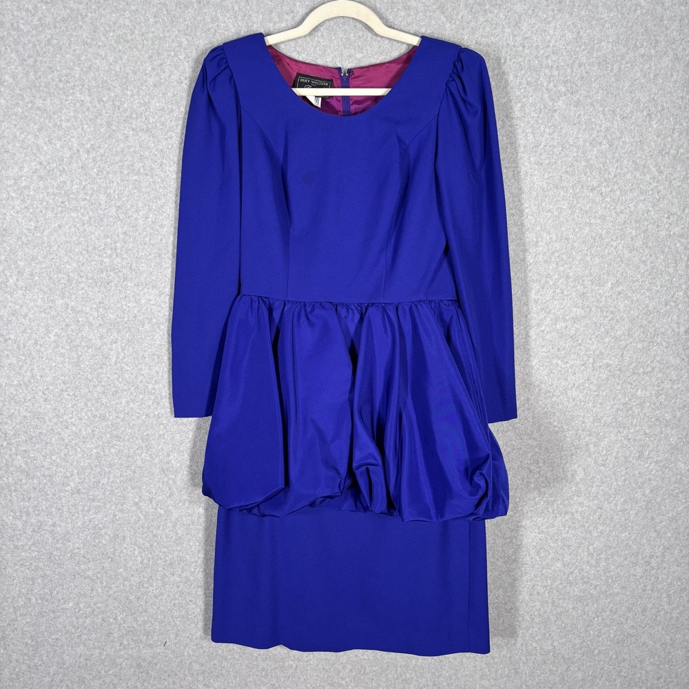 Vintage 80s Huey Waltzer Pencil Dress Small Purple Blue‎ Bubble Peplum Puff 90s